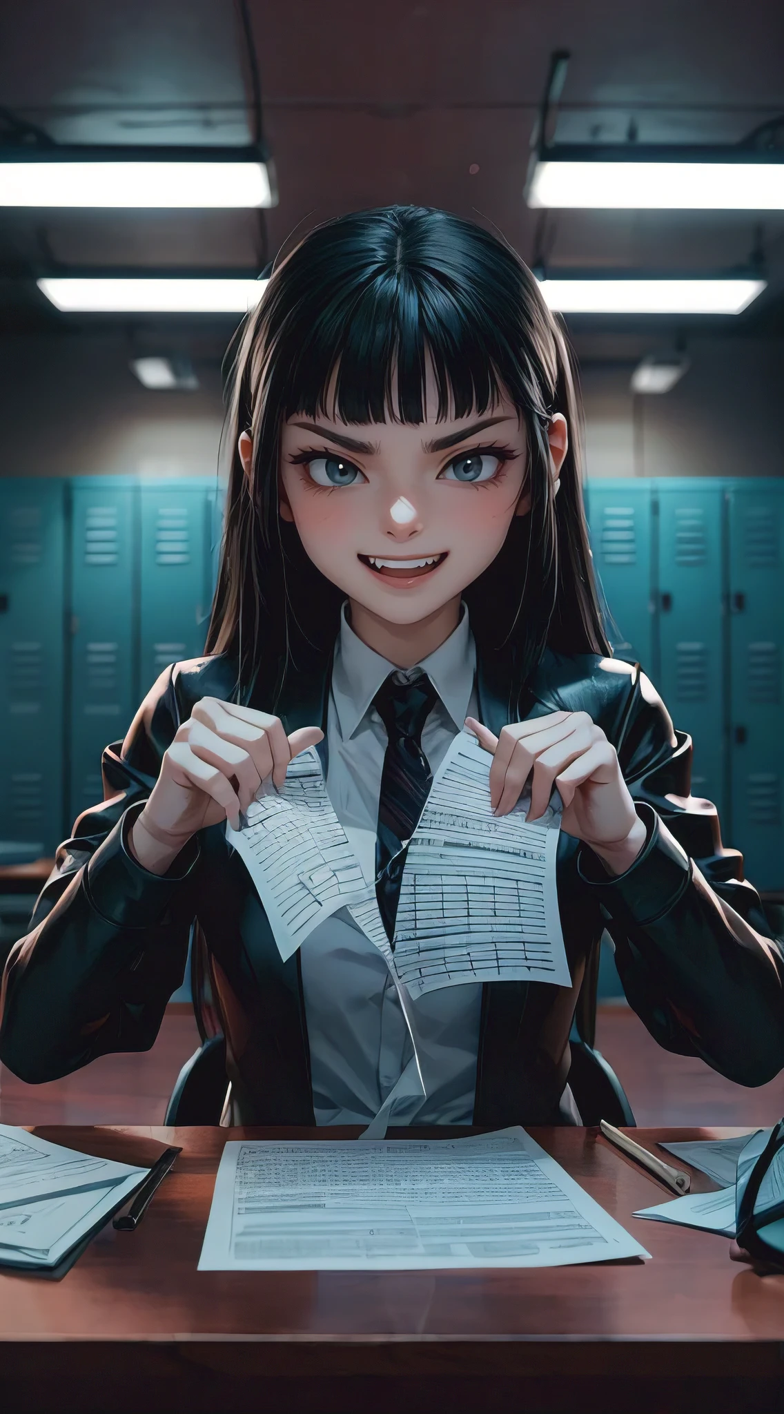 A captivating 3D anime render of an attractive young woman, exuding the classic "mean girl" aesthetic. She has long, straight black hair, a dark outfit, and a sinister smile as she tears apart your exam paper. Her eyes glimmer with a mix of amusement and malice. In the background, a school setting reveals lockers and fluorescent lights, creating an eerie atmosphere., 3d render, anime