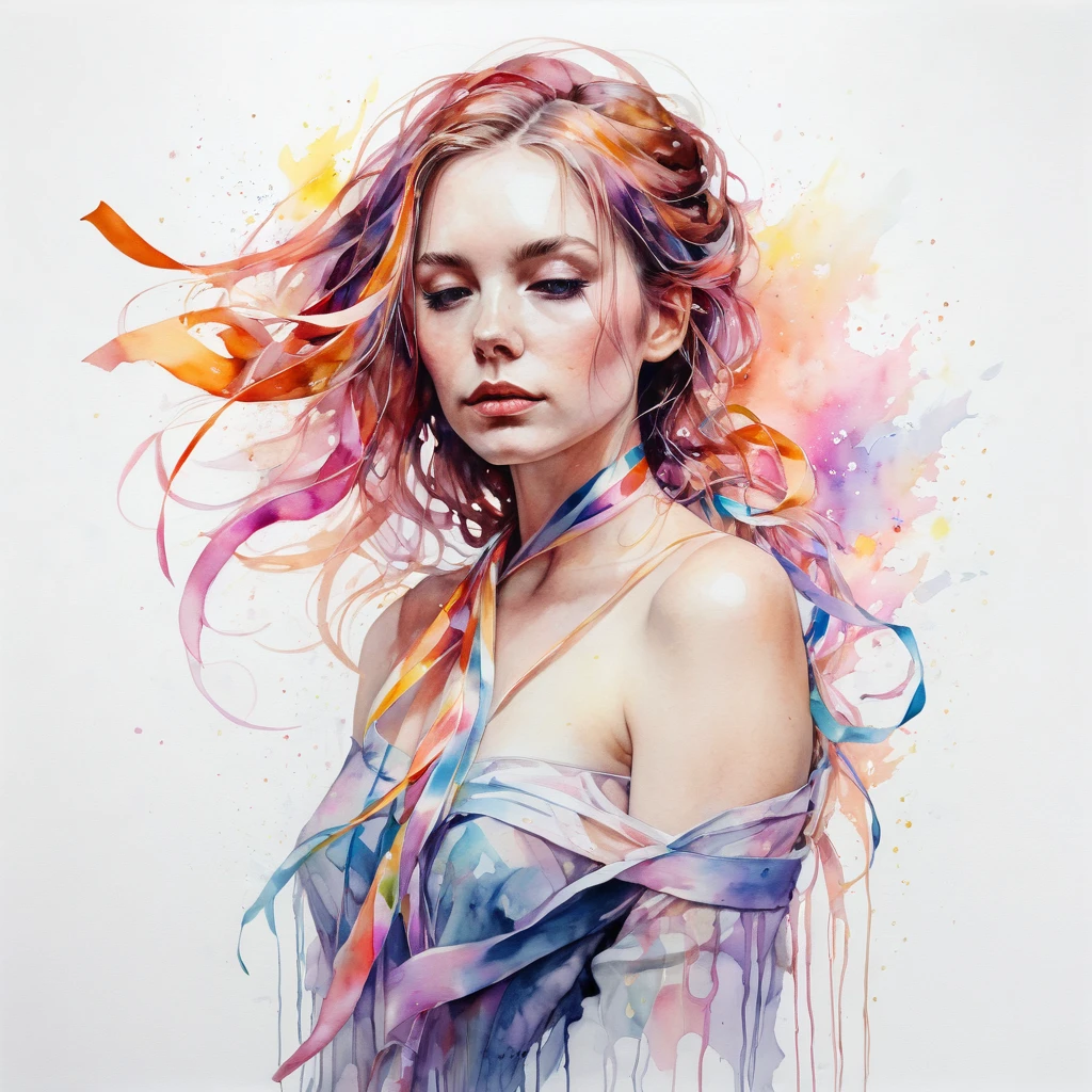 (8k, best quality, masterpiece:1.2),(best quality:1.0), (ultra highres:1.0), acrylic colors, a beautiful woman, shoulder, hair ribbons, by agnes cecile, full body portrait, extremely luminous bright design, pastel colors, (ink:1.3), autumn lights, full body