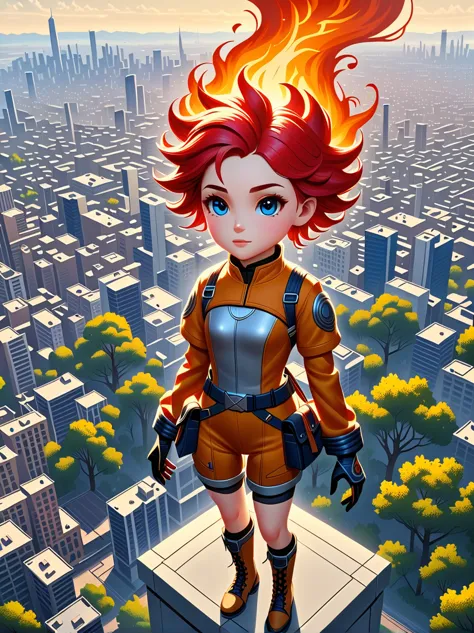 A whimsical rendering of a colossal female character with fiery red hair, depicted in a manner reminiscent of traditional non-co...