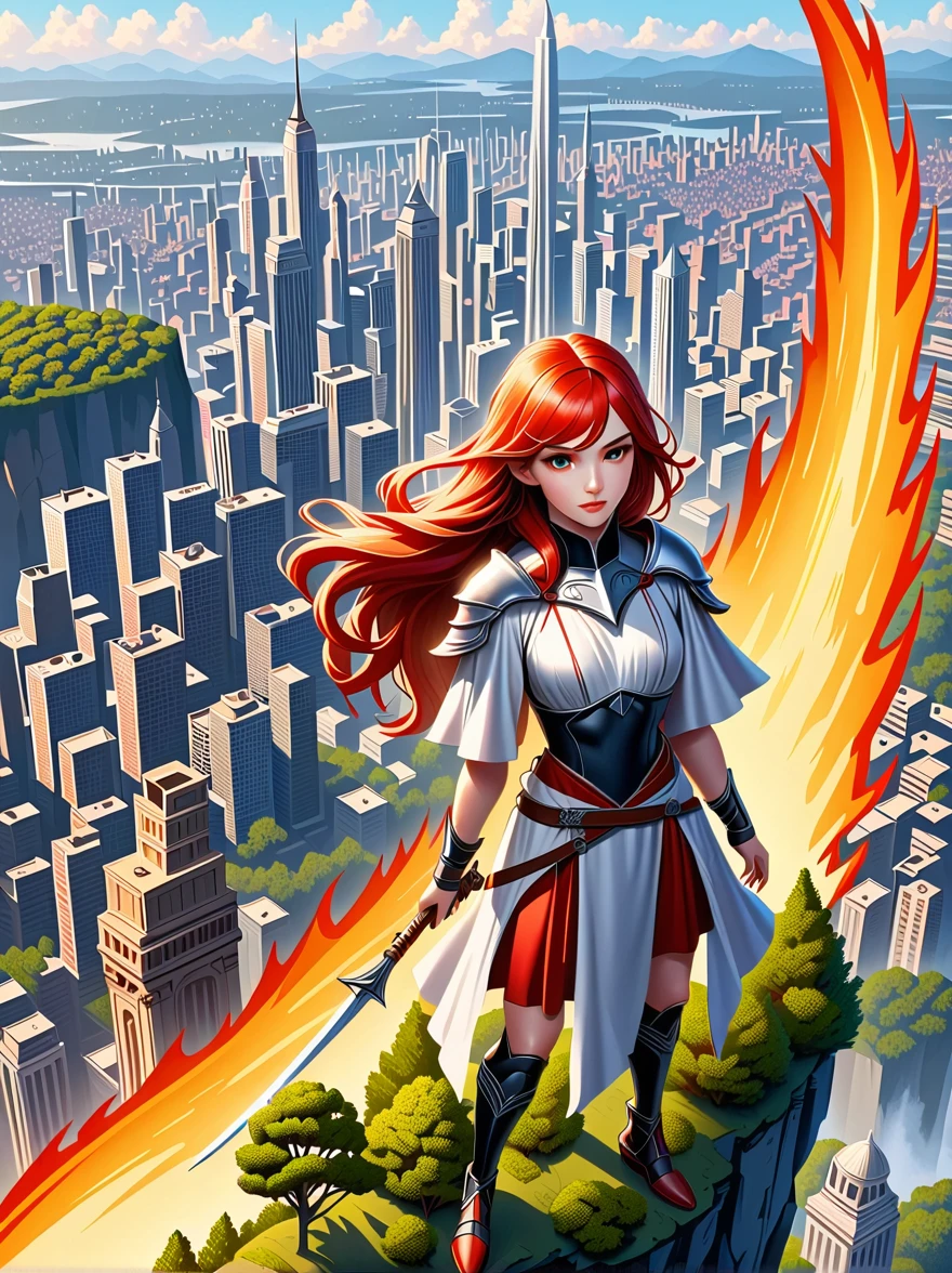 A whimsical rendering of a colossal female character with fiery red hair, depicted in a manner reminiscent of traditional non-copyrighted anime. She has dressed in an outfit fit for an adventurer, showing that she's ready to explore the world. She is positioned with one foot slightly elevated, as if about to step forward onto an unseen object or tiny individual. Ordinary-sized trees and city structures encircle her, providing a scale to measure her enormous size by. The scene is powerful and intense, celebrating the force, resilience, and distinct personality of our oversized heroine.