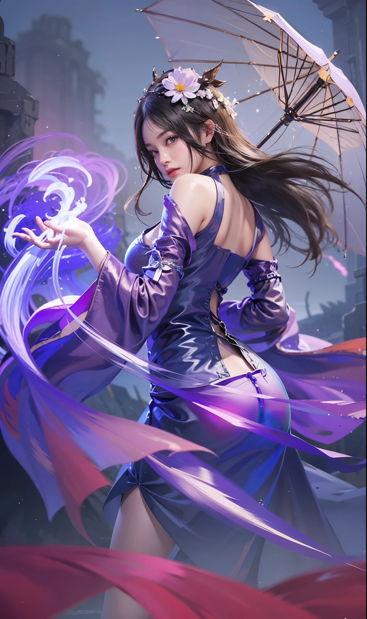 a close up of a  girl holding an umbrella   ,  black hair , big booobs ,  shadowbringers cinematic, 4 k detail fantasy, a beautiful fantasy empress, game cg, xianxia fantasy, xianxia hero, 2. 5 d cgi anime fantasy artwork, cinematic goddess close shot, ruan jia and artgerm, wow 4 k detail fantasy, hyperdetailed fantasy character