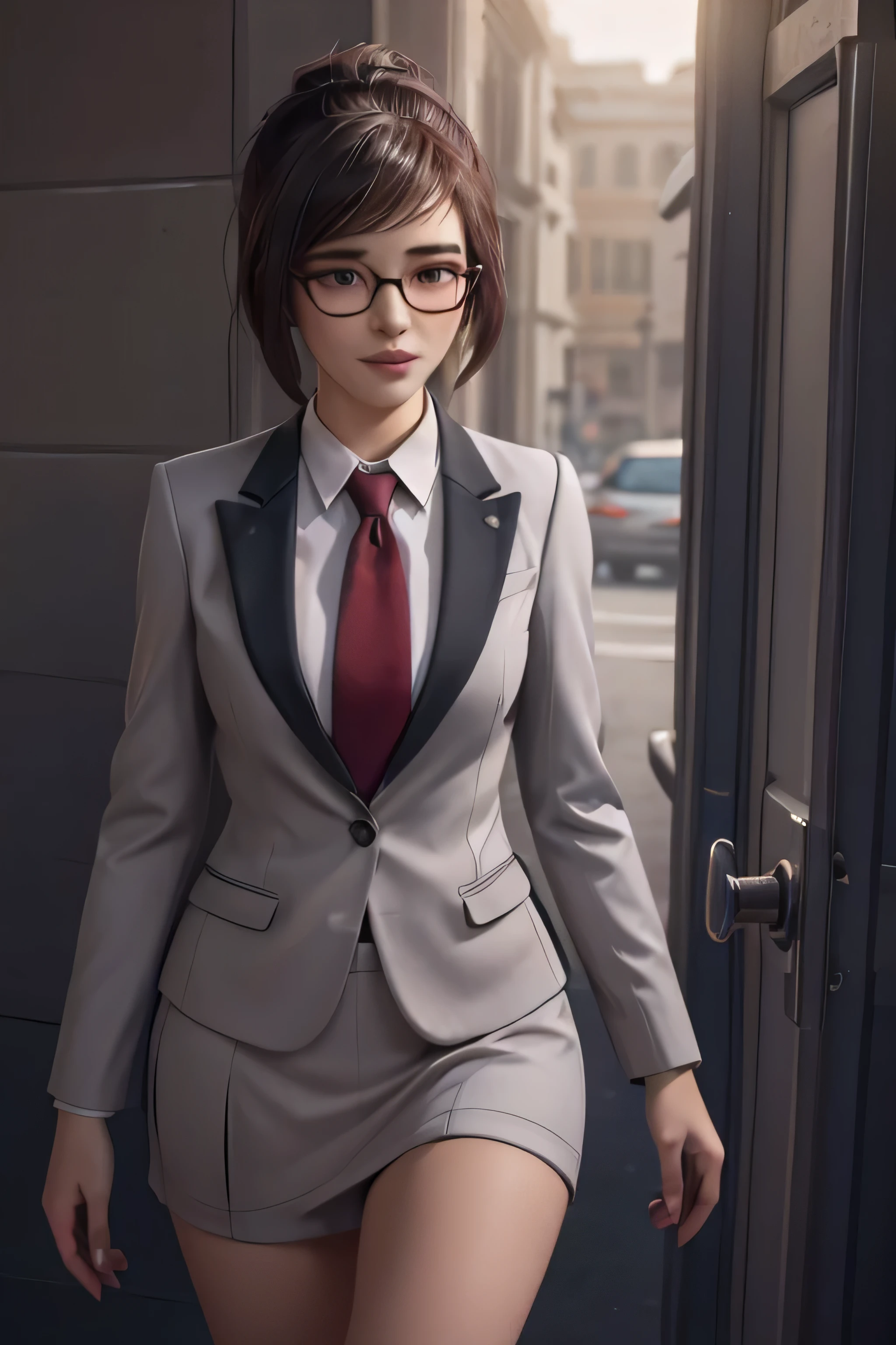 realistic, realism, photorealism, photo-realistic, high contrast, (photorealistic:1.4), 8k high definition detailed realistic,  (best quality, masterpiece:1.2),  photon mapping, radiosity, physically-based rendering, best quality, highly detailed, 1girl, owmei, cream skirt suit, suit and tie, (((three-piece suit))), pink silk dress shirt with white collar, shirt and tie, (((maroon necktie))), ((blazer)), ((suit jacket)) ((waistcoat with lapel)), (((bodycon pencil miniskirt))), formal, business, red lipstick, smile, hair bun, glasses, sitting, (((high collar))), (((tailored bespoke suit))), hair pin, bedroom eyes, smirk, confident, cufflinks