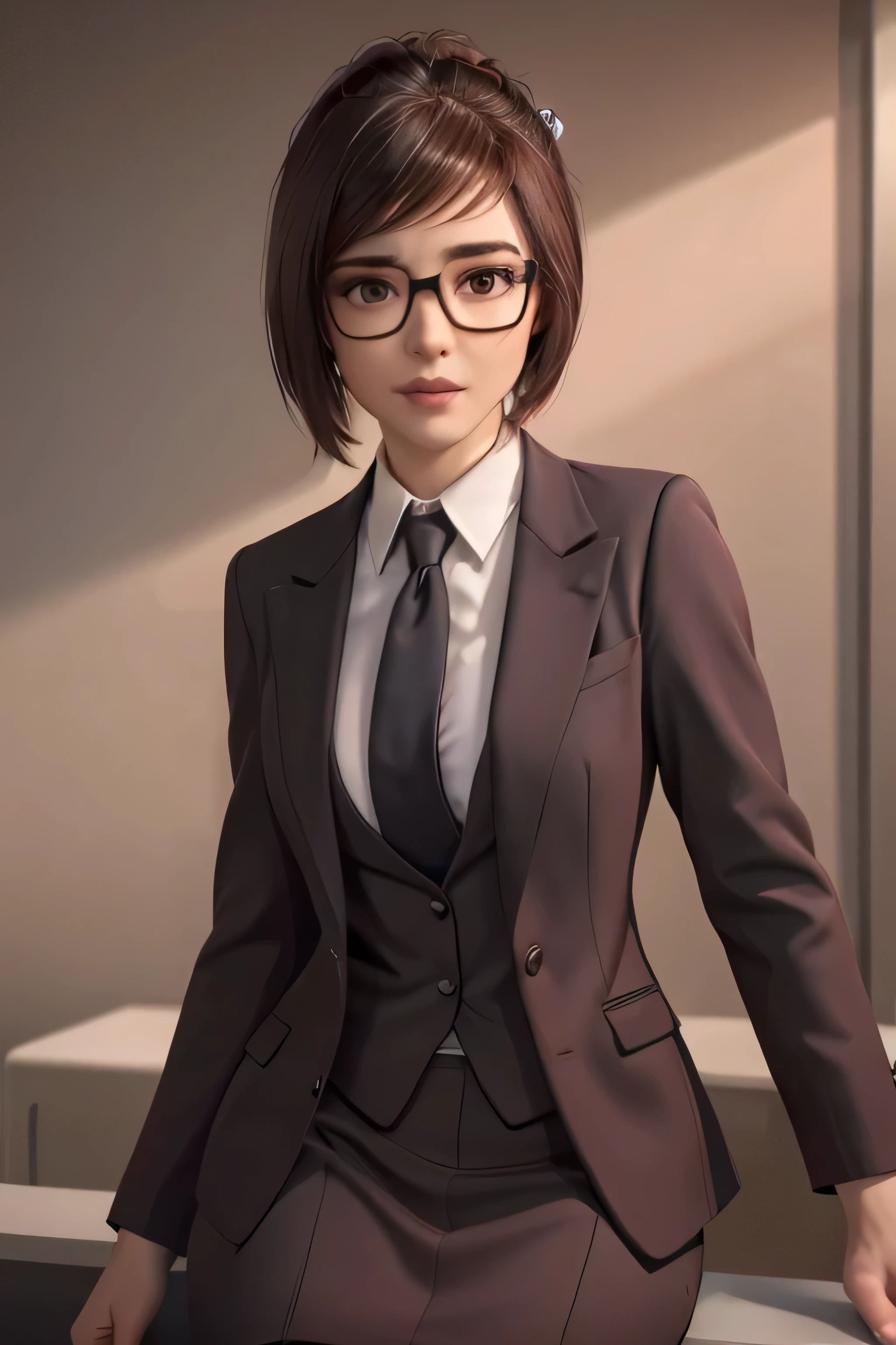 realistic, realism, photorealism, photo-realistic, high contrast, (photorealistic:1.4), 8k high definition detailed realistic,  (best quality, masterpiece:1.2),  photon mapping, radiosity, physically-based rendering, best quality, highly detailed, 1girl, owmei, cream skirt suit, suit and tie, (((three-piece suit))), pink silk dress shirt with white collar, shirt and tie, (((maroon necktie))), ((blazer)), ((suit jacket)) ((waistcoat with lapel)), (((bodycon pencil miniskirt))), formal, business, red lipstick, smile, hair bun, glasses, sitting, (((high collar))), (((tailored bespoke suit))), hair pin, bedroom eyes, smirk, confident, cufflinks