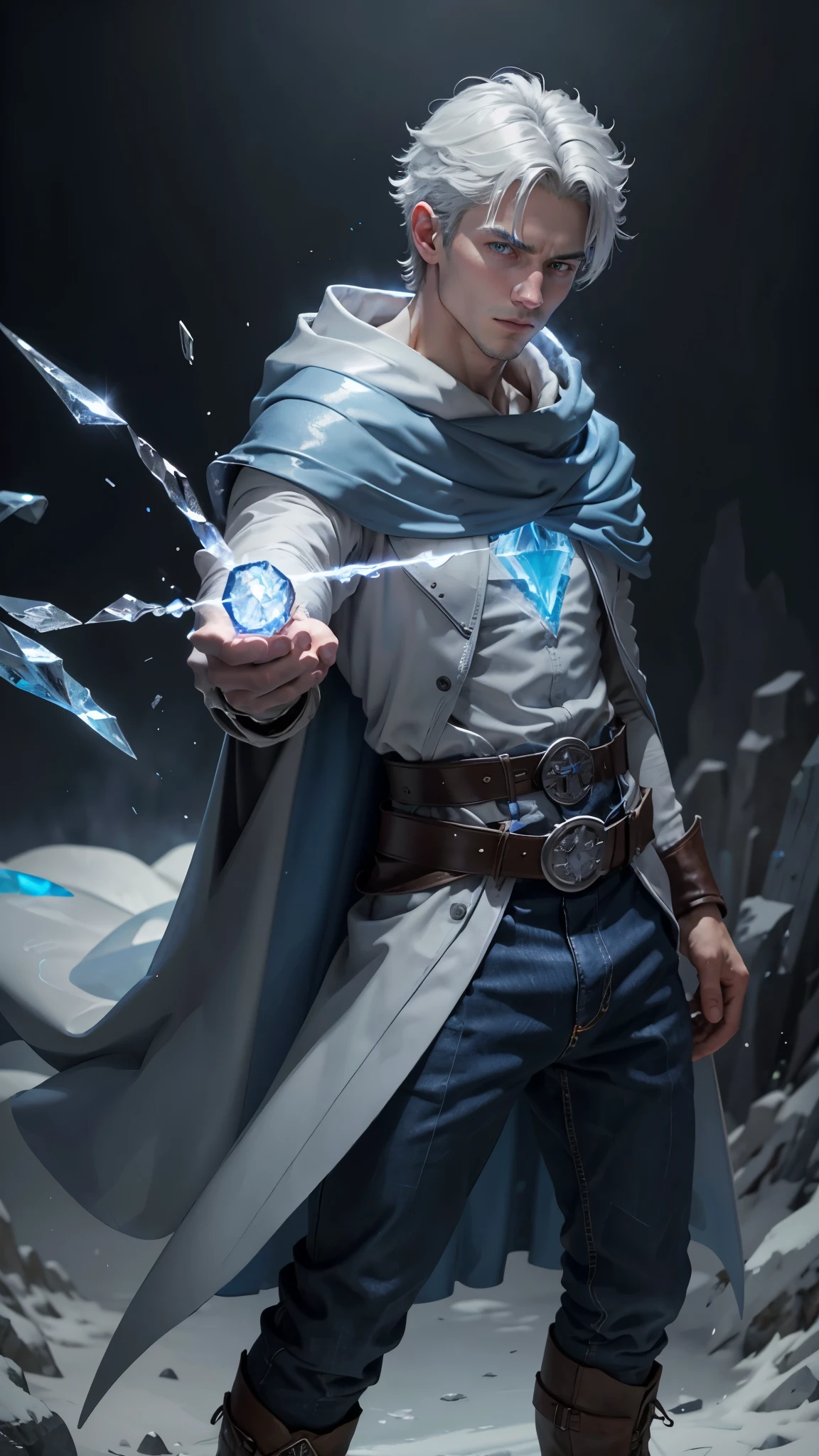 Design 1wizard man shooting a ice ray. Young man with an ice hooded cape.Light gray hair Gray eyes Wearing a white button-down shirt Wearing blue pants Wearing a brown belt Wearing short brown boots Wearing blue gloves on your hands. epic.cinematografico. Blue aura ((ice cape))((Blue aura))((cold))