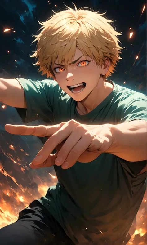 Anime boy with yellow hair pointing at something with flames in the  background - SeaArt AI