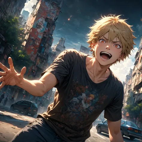 Anime boy with blonde hair and black shirt on a city street - SeaArt AI