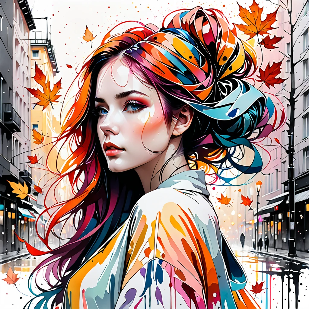 (8k, best quality, masterpiece:1.2),(best quality:1.0), (ultra highres:1.0), pencil colors, a beautiful woman, shoulder, hair ribbons, by agnes cecile, full body portrait, extremely luminous bright design, pastel colors, (ink:1.3), autumn lights, full body