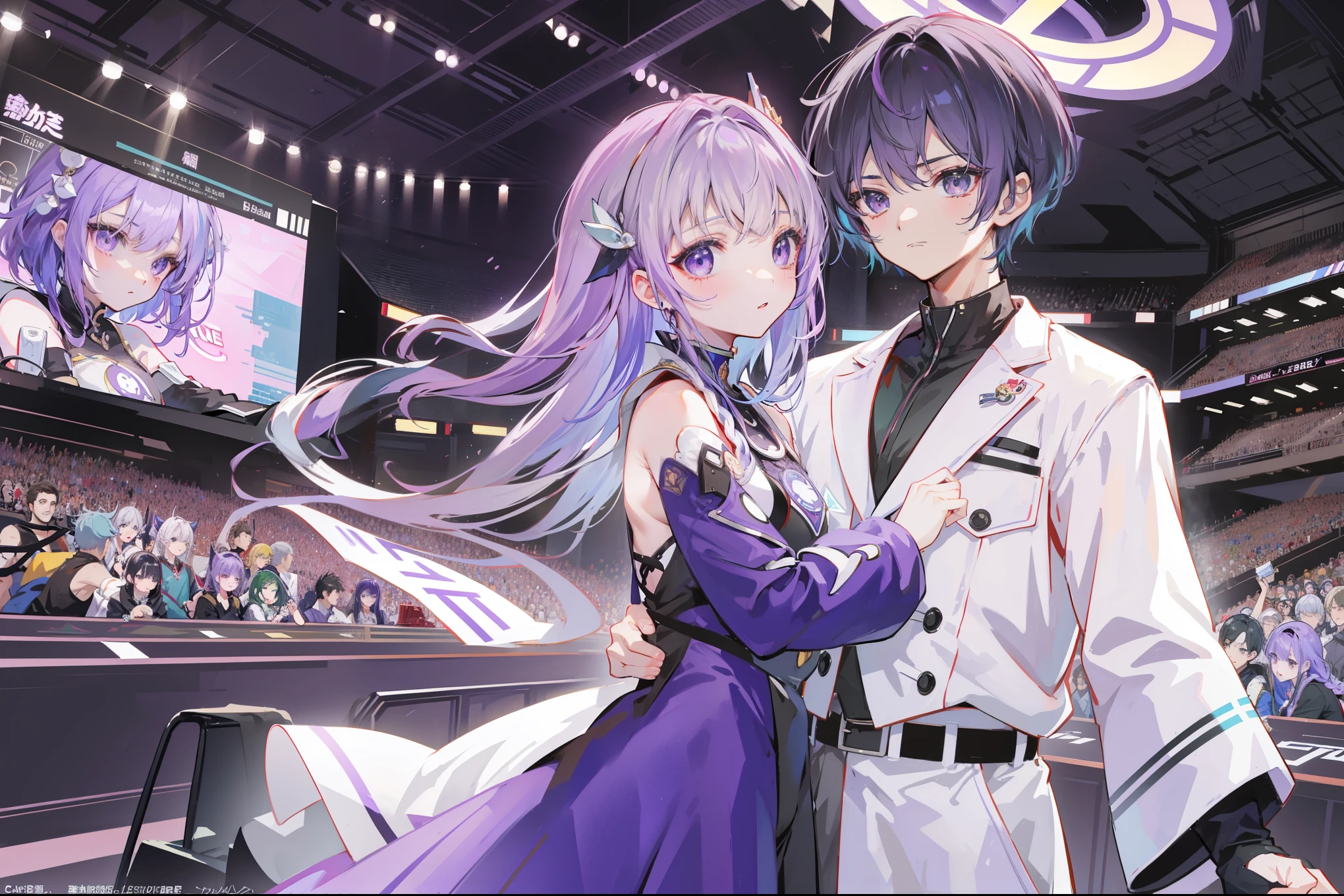 (1 boy, 1 little girl)，couple, yinji, Purple Eyes, purple gradient hair, Braid, Hair accessories, Weaving, twin Weaving, long hair, Cute expression, Handsome, short, (Game hall, E-sports atmosphere, Blue and Green, Esports elements), List of available roles,Men&#39;s Hairstyles, Unique character design,