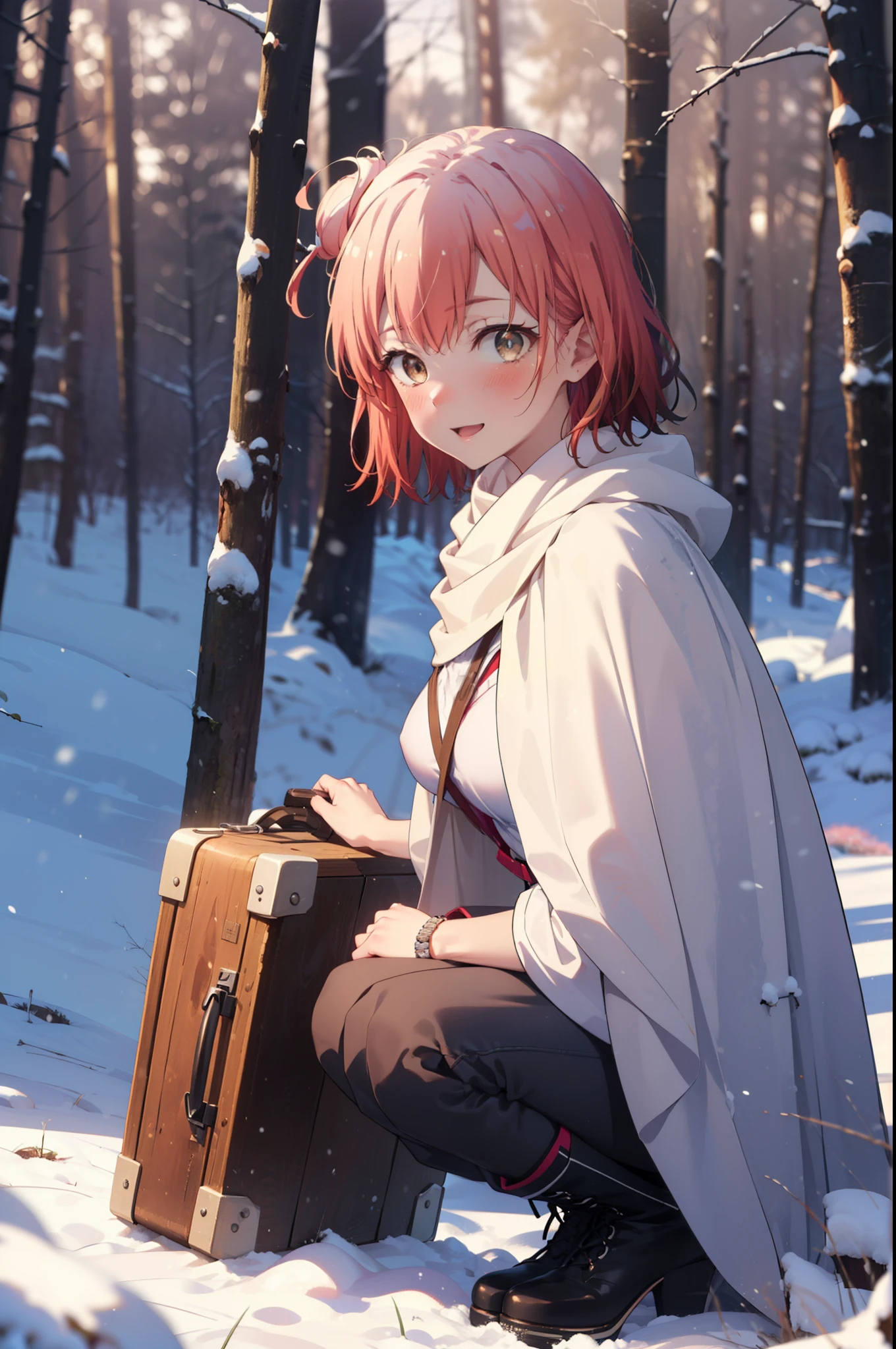 yuiyuigahama, yui yuigahama, short hair, (Brown eyes:1.5), (Pink Hair:1.2), Hair Bun, single Hair Bun, smile, (Big Breasts:1.2),smile,blush,White Breath,
Open your mouth,snow,Ground bonfire, Outdoor, boots, snowing, From the side, wood, suitcase, Cape, Blurred, forest, White handbag, nature,  Squat, Mouth closed,Cape, winter, Written boundary depth, Black shoes, red Cape break looking at viewer, Upper Body, whole body, break Outdoor, forest, nature, break (masterpiece:1.2), highest quality, High resolution, unity 8k wallpaper, (shape:0.8), (Beautiful and beautiful eyes:1.6), Highly detailed face, Perfect lighting, Extremely detailed CG, (Perfect hands, Perfect Anatomy),
