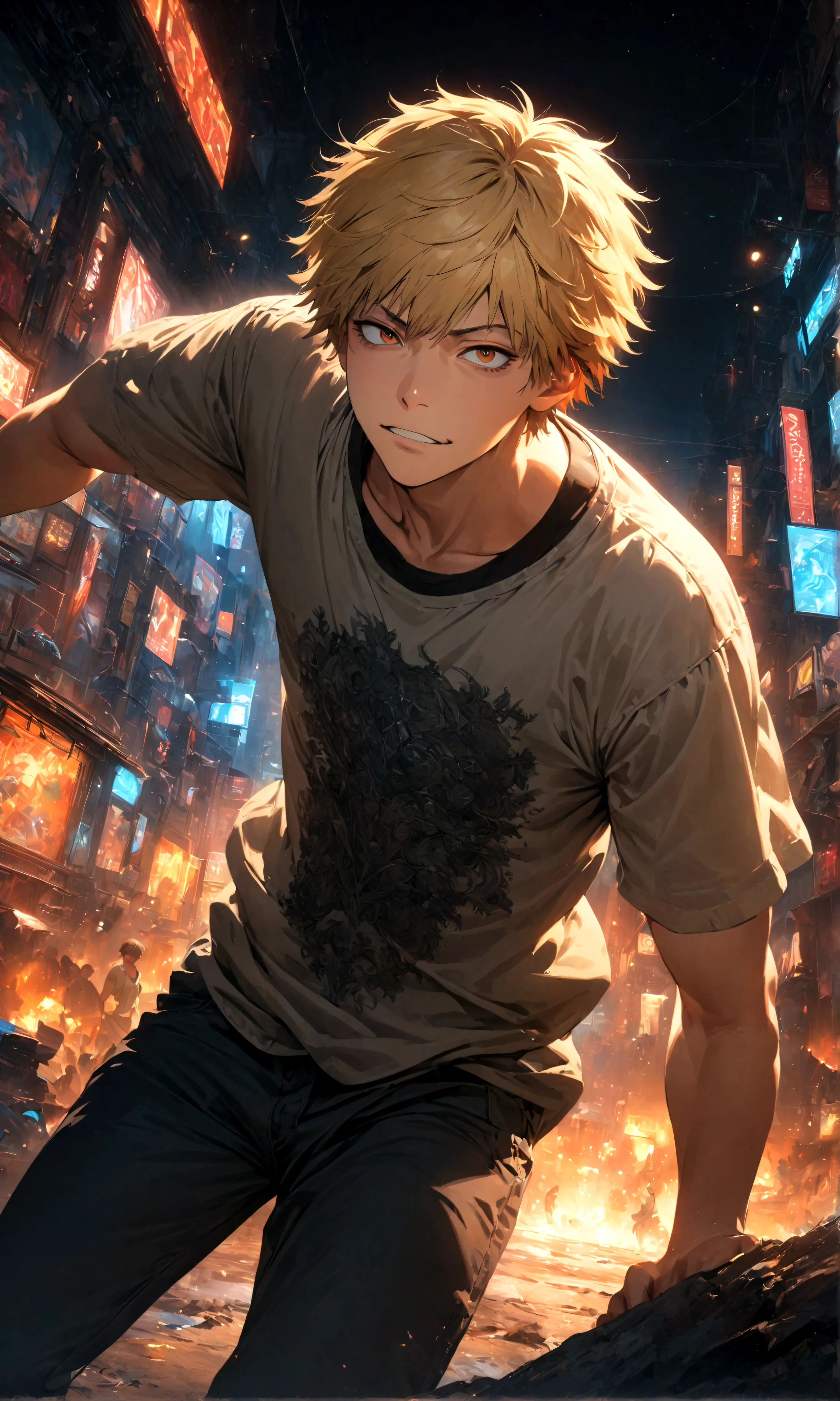 (1 male,Denji,Blonde,Casual wear),Characters from Chainsaw Man,Intricate details,Dynamic Pose,,artwork,rendering,(masterpiece:1....