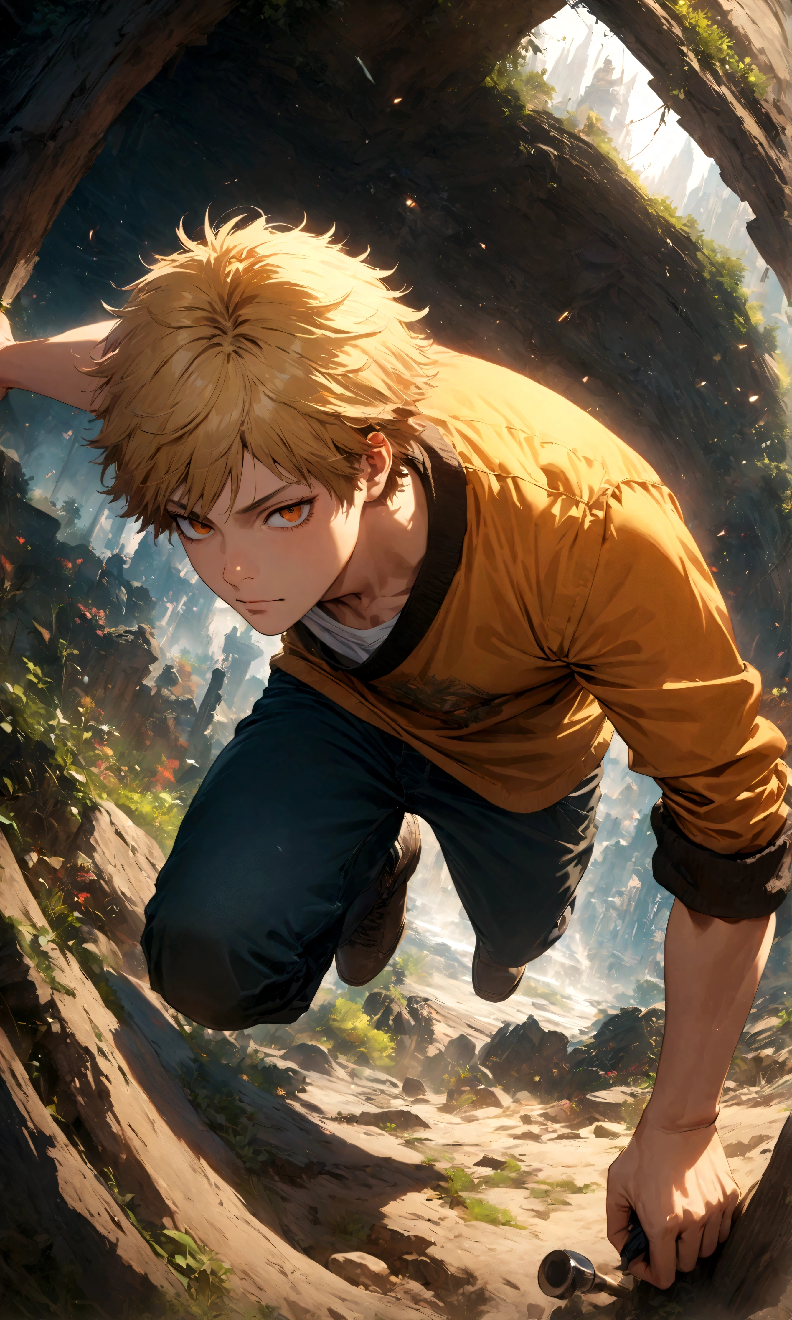 (1 male,Denji,Blonde,whiteＴshirt,Casual wear),Characters from Chainsaw Man,Intricate details,Dynamic Pose,Decadent,artwork,rendering,(masterpiece:1.3),(highest quality:1.4),(Super detailed:1.5),High resolution,Very detailed,unity 8k wallpaper,Dark fantasy,Brush strokes,Glare,A scene from everyday life,