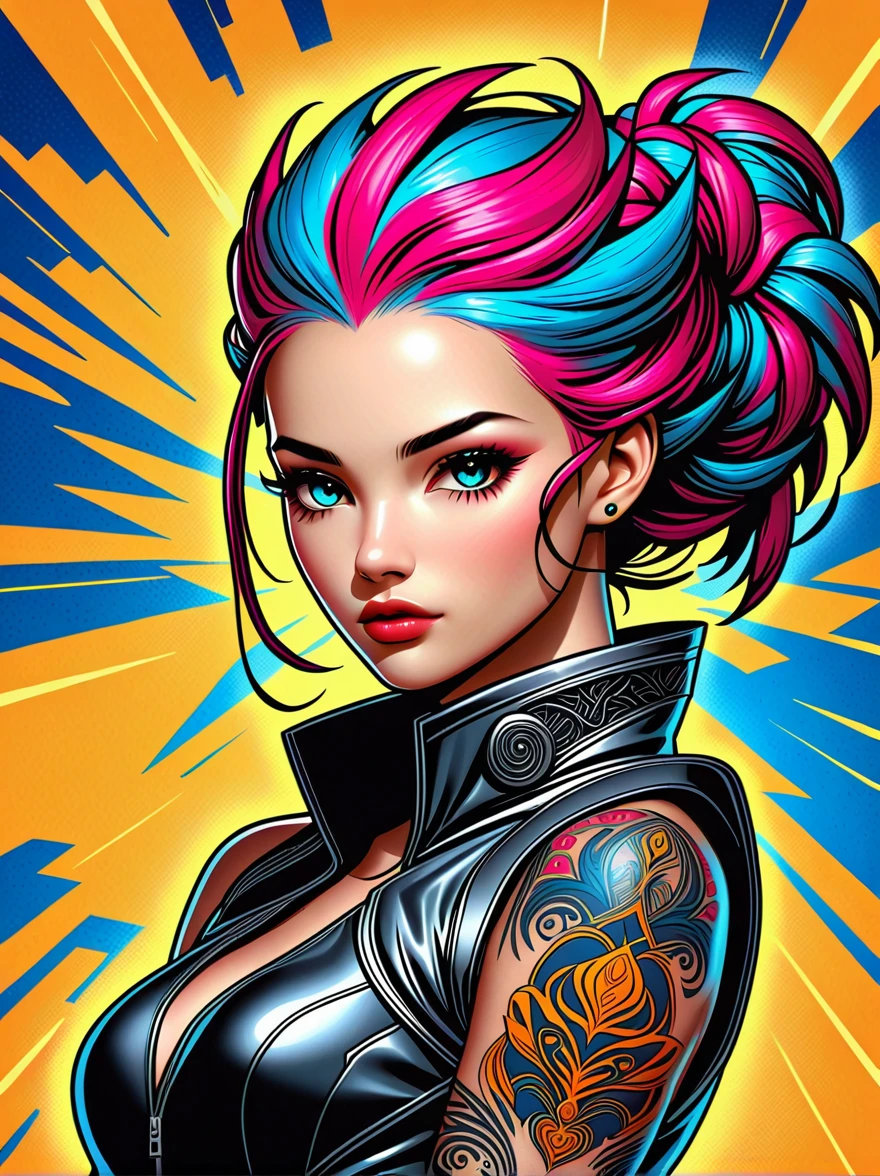 A defiant, fiery young woman of Middle Eastern descent adorned with an array of vibrant, multicolored hair and intricate tattoo patterns that are reminiscent of comic book art. Striking and contrasting colors will be used to illuminate her dynamic postures and expressions. This digital illustration will adopt a graffiti-infused aesthetic with urban stylistic elements populating the background. The image will exude the narrative style of the cyberpunk genre, liberally sprinkling futuristic elements and a dystopian ambiance. An electrifying scene with this trailblazer character, leveraging a digital medium to thoroughly accentuate the comic book style and animate her character.