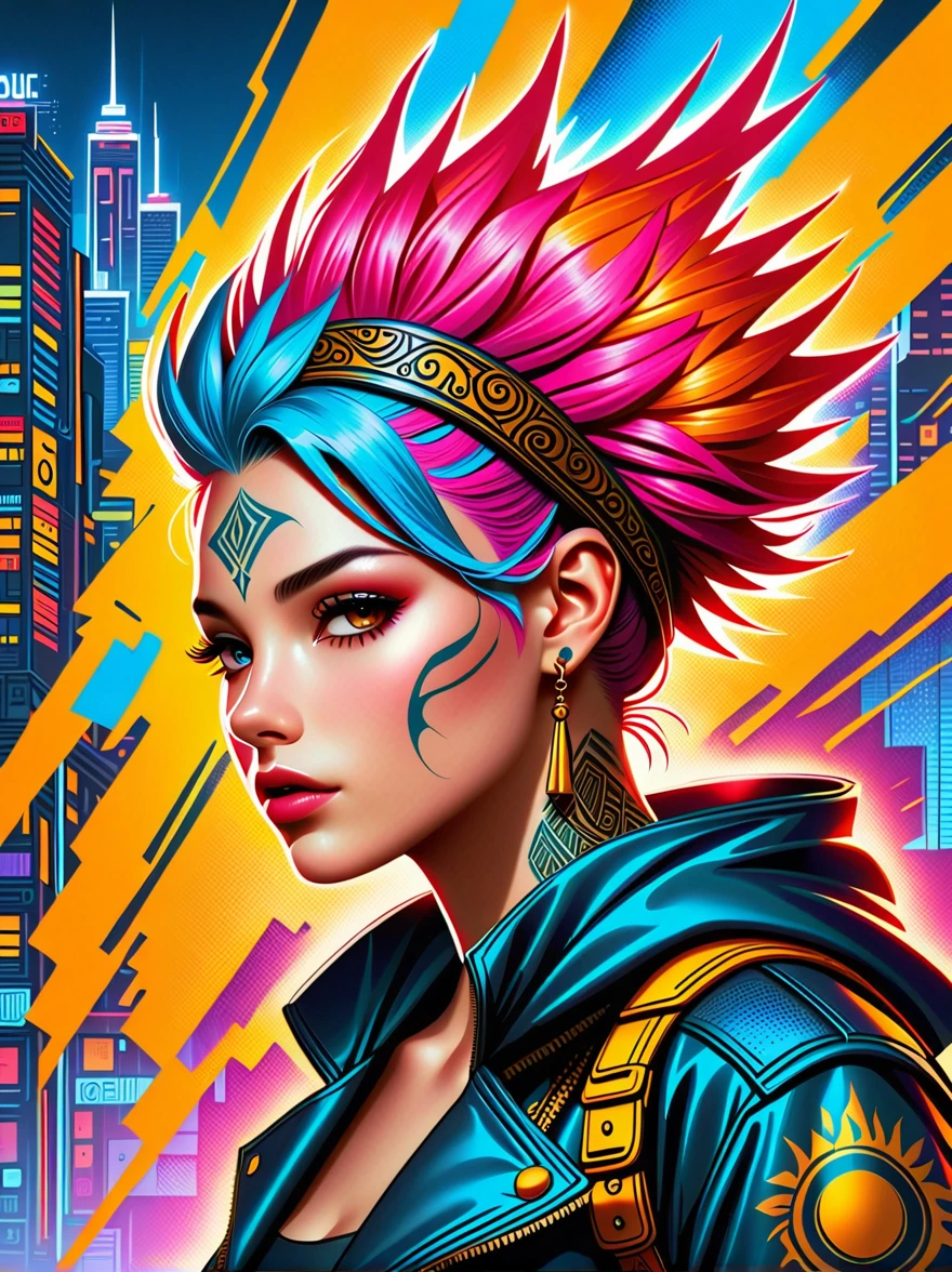 A defiant, fiery young woman of Middle Eastern descent adorned with an array of vibrant, multicolored hair and intricate tattoo patterns that are reminiscent of comic book art. Striking and contrasting colors will be used to illuminate her dynamic postures and expressions. This digital illustration will adopt a graffiti-infused aesthetic with urban stylistic elements populating the background. The image will exude the narrative style of the cyberpunk genre, liberally sprinkling futuristic elements and a dystopian ambiance. An electrifying scene with this trailblazer character, leveraging a digital medium to thoroughly accentuate the comic book style and animate her character.