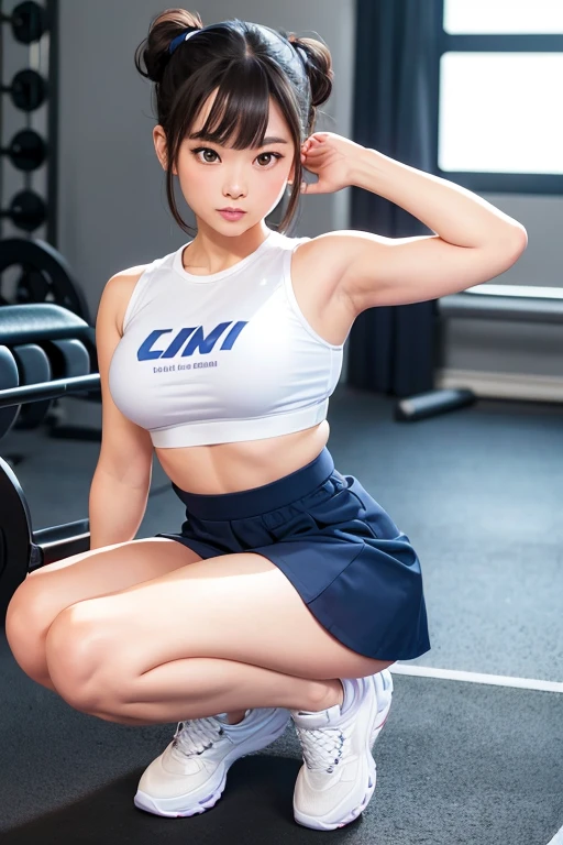 A woman in a short skirt sits on a chair., bend into a pose, Hit to the leg and thigh, sitting on a stool, Human hind legs and sneakers, bent posture, sports bra and navy blue shorts, Squatting pose, Clemens Usher, leaning over, knees upturned up, sitting on a chair, thick legs, hips hips hips hips, Chun Li at the gym