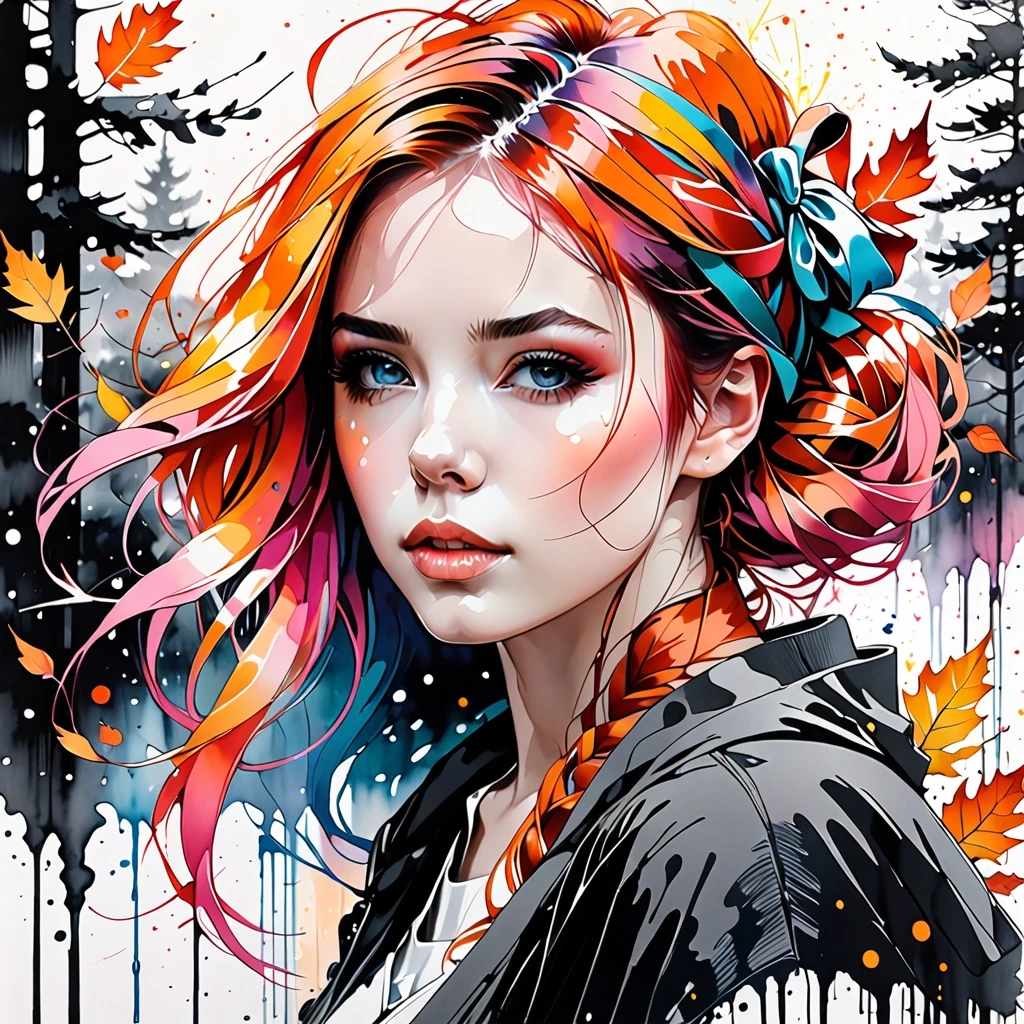 (8k, best quality, masterpiece:1.2),(best quality:1.0), (ultra highres:1.0), pencil artwork, a beautiful woman, shoulder, hair ribbons, by agnes cecile, full body portrait, extremely luminous bright design, pastel colors, (ink:1.3), autumn lights, full body