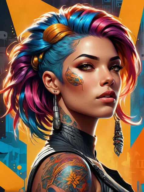 A defiant, fiery young woman of Middle Eastern descent adorned with an array of vibrant, multicolored hair and intricate tattoo ...