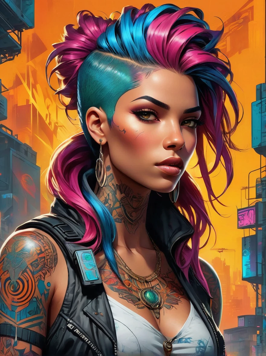 A defiant, fiery young woman of Middle Eastern descent adorned with an array of vibrant, multicolored hair and intricate tattoo patterns that are reminiscent of comic book art. Striking and contrasting colors will be used to illuminate her dynamic postures and expressions. This digital illustration will adopt a graffiti-infused aesthetic with urban stylistic elements populating the background. The image will exude the narrative style of the cyberpunk genre, liberally sprinkling futuristic elements and a dystopian ambiance. An electrifying scene with this trailblazer character, leveraging a digital medium to thoroughly accentuate the comic book style and animate her character.