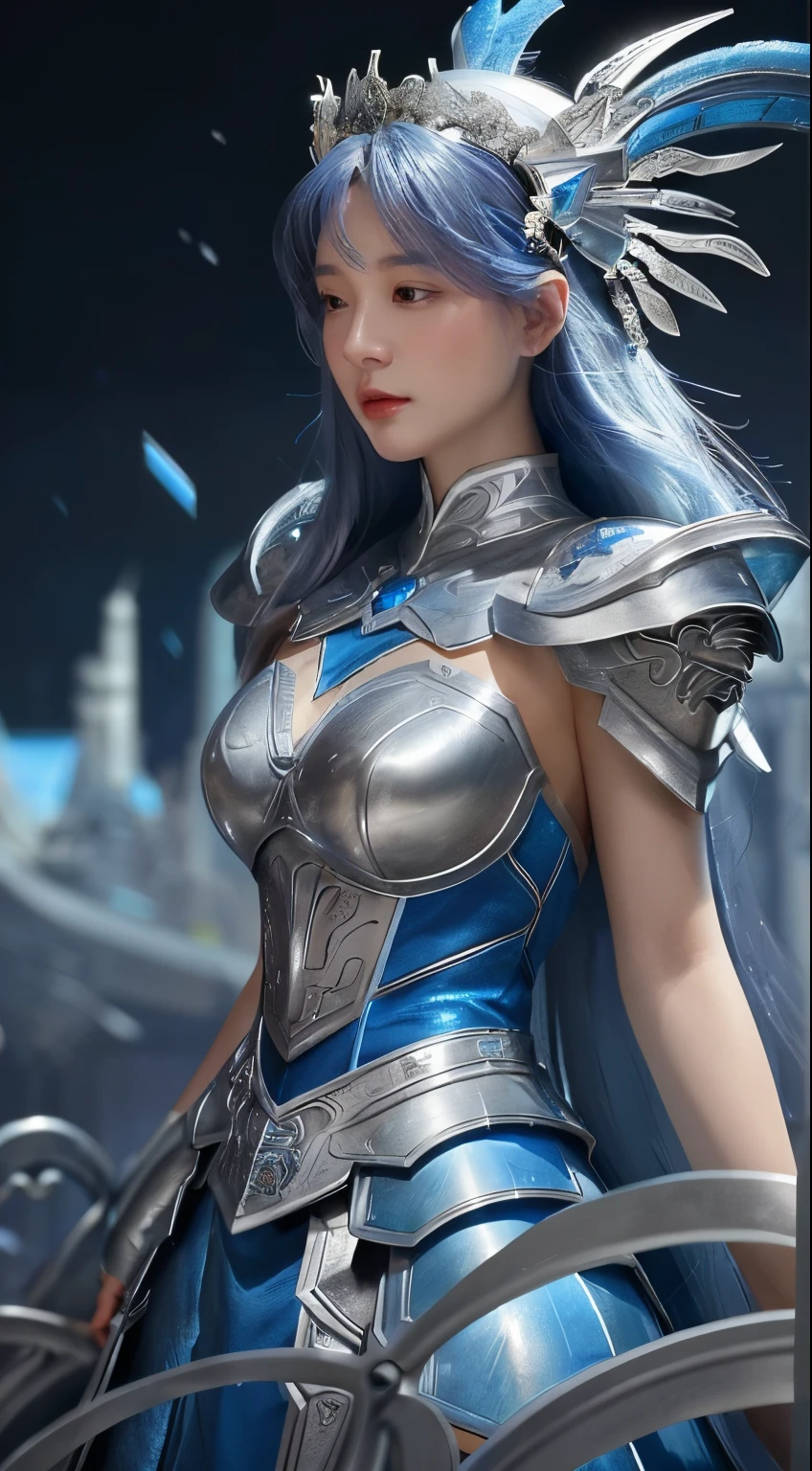 ภาพระยะใกล้ของผู้หญิงในชุดสีเงินและสีน้ำเงิน, เฉิงเว่ยแพนบน artstation, โดย Yang J, ศิลปะแฟนตาซีที่มีรายละเอียด, ศิลปะตัวละครที่น่าทึ่ง, fanart สุดยอด artstation, ศิลปะตัวละครที่ยอดเยี่ยมและประณีต, เกราะที่สวยงาม, เชื้อโรคอาร์ทีเอ็มที่มีรายละเอียดมาก, รายละเอียดศิลปะอะนิเมะดิจิทัล, artgerm บน artstation pixiv, สาวชุดเกราะ