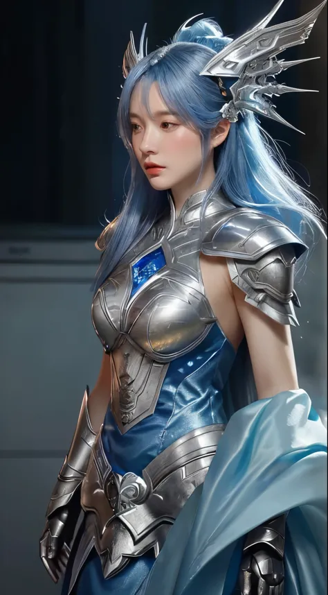 a close up of a woman in a silver and blue dress, chengwei pan on artstation, by Yang J, detailed fantasy art, stunning characte...