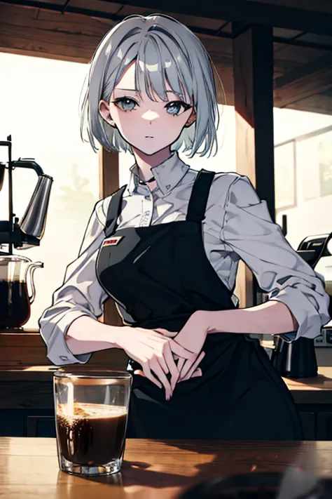 short hair,grey hair,barista,brewing coffee,mode,cool beauty