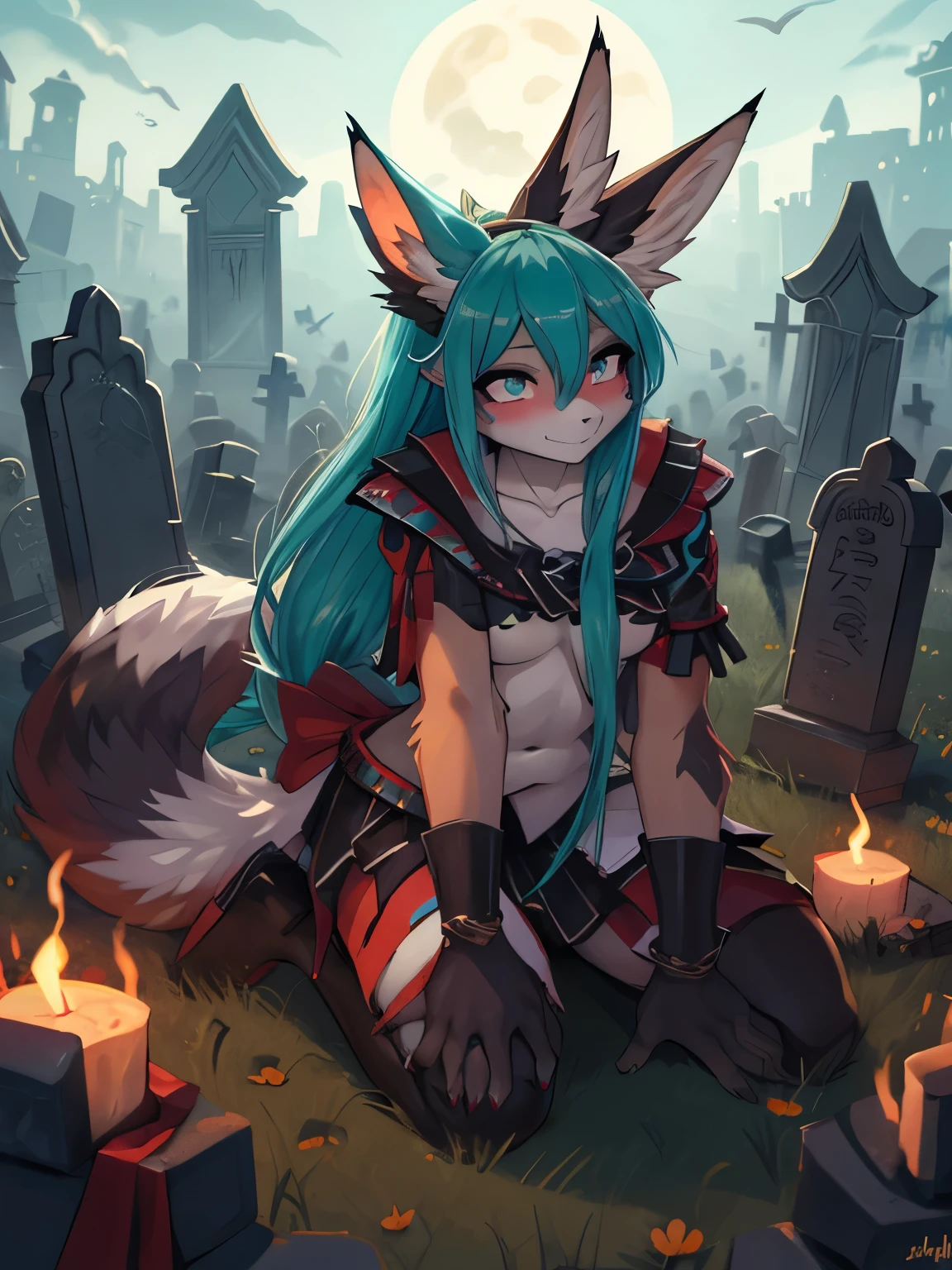 Miku Hatsune, 18 years old women, hell girl, sucubo girl, alta definicion, orejas de kitsune, wichgirl, powered bogy, magic girl, graveyard landscape, manos esqueleticas salen de la tierra y la agarran el pie, zombie atack