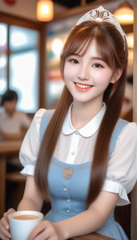 A, like girl cute of a smiling 22-year-old girl sitting inside a milk tea shop the  with a round face and an innocent smile with...