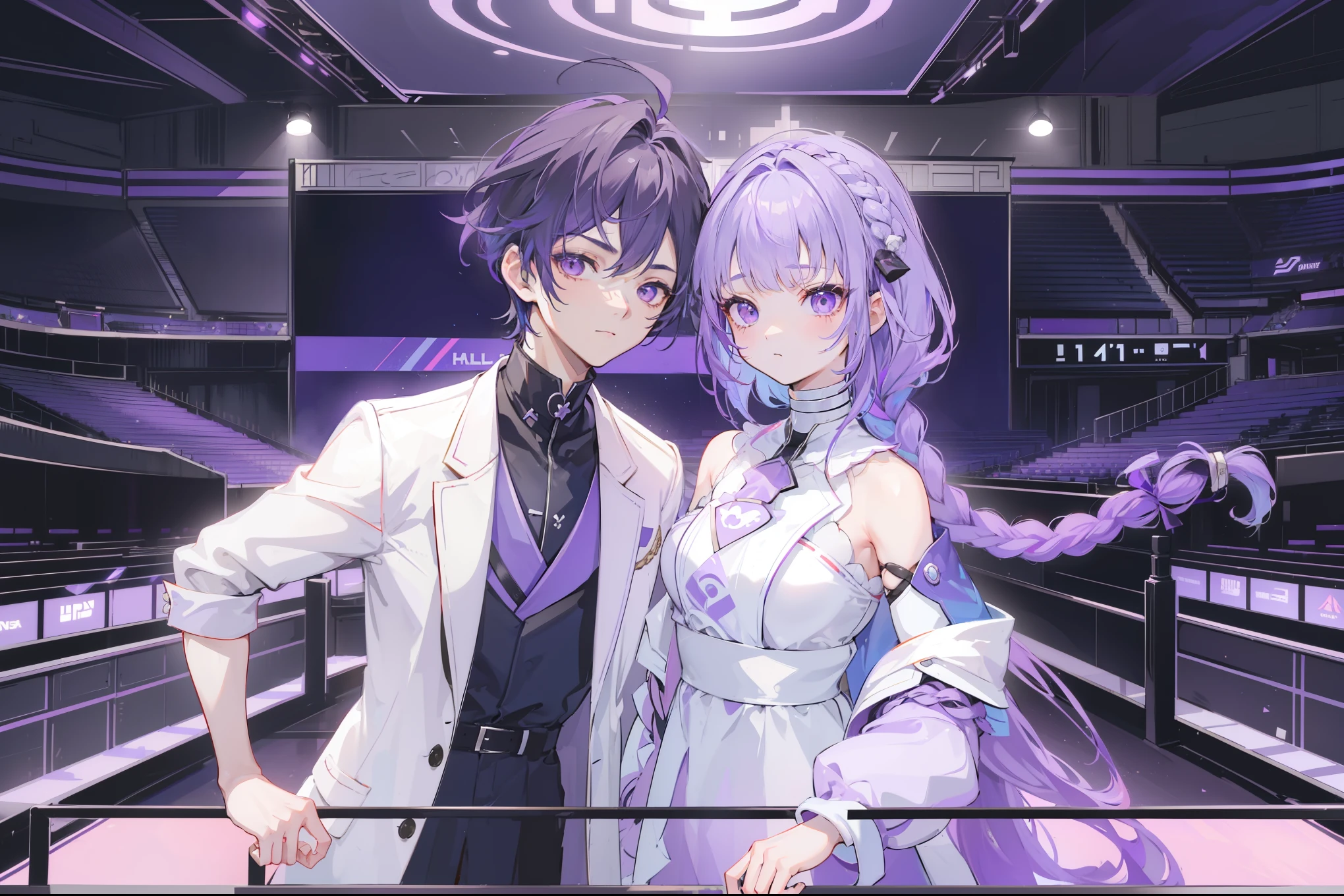 (1 boy, 1 little girl)，couple, yinji, Purple Eyes, purple gradient hair, Braid, Hair accessories, Weaving, twin Weaving, long hair, Cute expression, Handsome, short, (Game hall, E-sports atmosphere, Blue and Green, Esports elements), List of available roles,Men&#39;s Hairstyles, Unique character design,