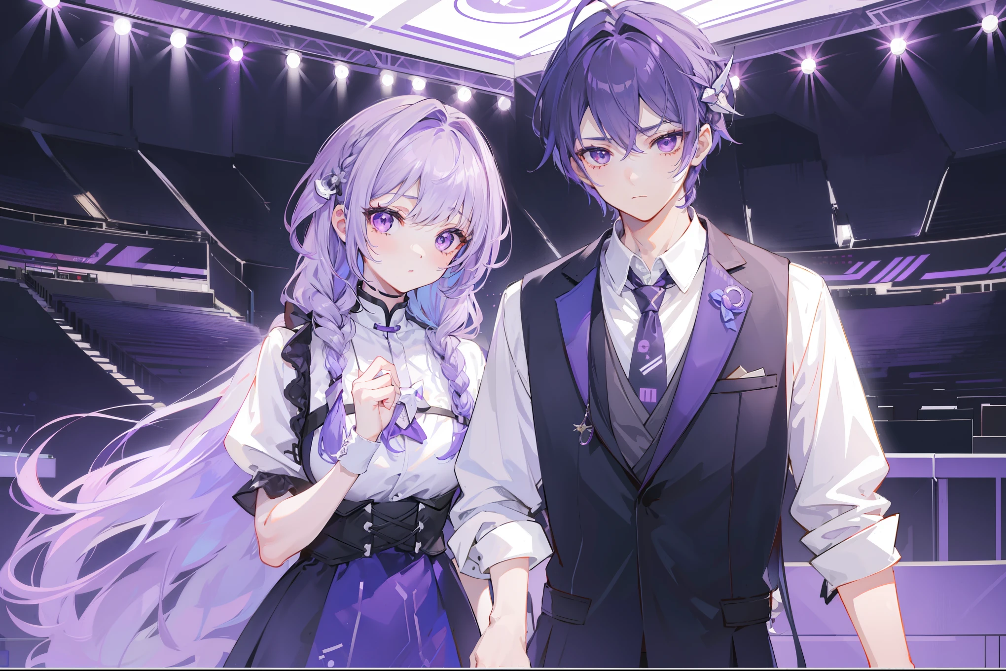 (1 boy, 1 little girl)，couple, yinji, Purple Eyes, purple gradient hair, Braid, Hair accessories, Weaving, twin Weaving, long hair, Cute expression, Handsome, short, (Game hall, E-sports atmosphere, Blue and Green, Esports elements), List of available roles,Men&#39;s Hairstyles, Unique character design,