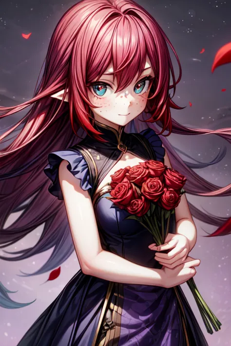 young girl(red hair, freckles, seraphuku, big eyes,),she is holding a bouquet of red roses, happy, shy