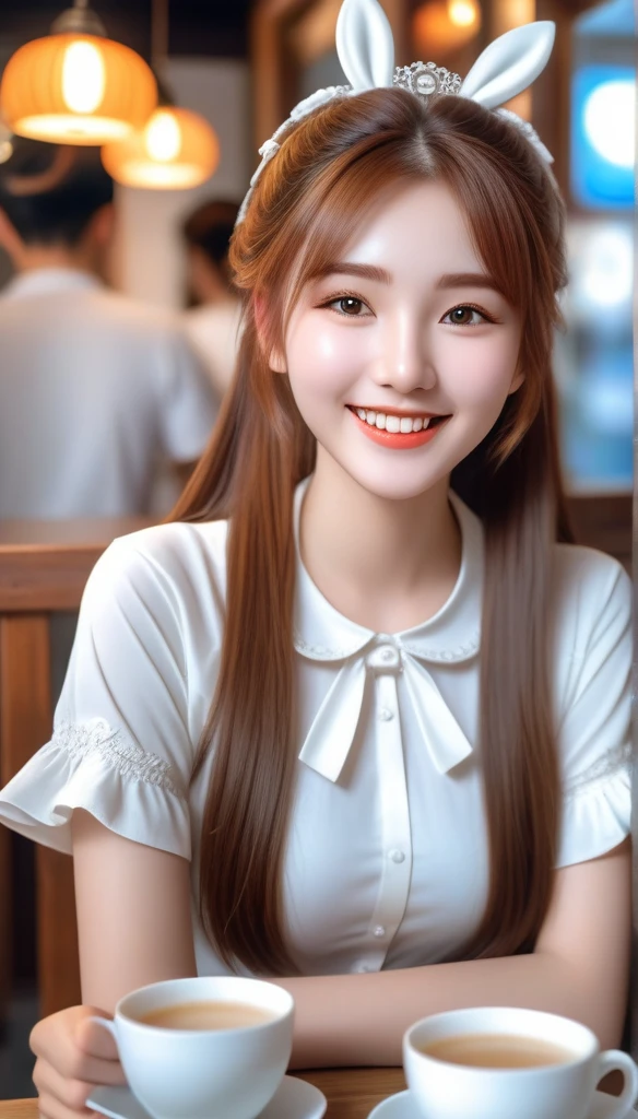 A, like girl cute of a smiling 22-year-old girl sitting inside a milk tea shop the  with a round face and an innocent smile with a white fashion style antique costume looking on the shirt with outstanding cartoons with long light red-brown hair 3D images of the highest quality 8k HDR resolution sharp uhd aperture in every detail