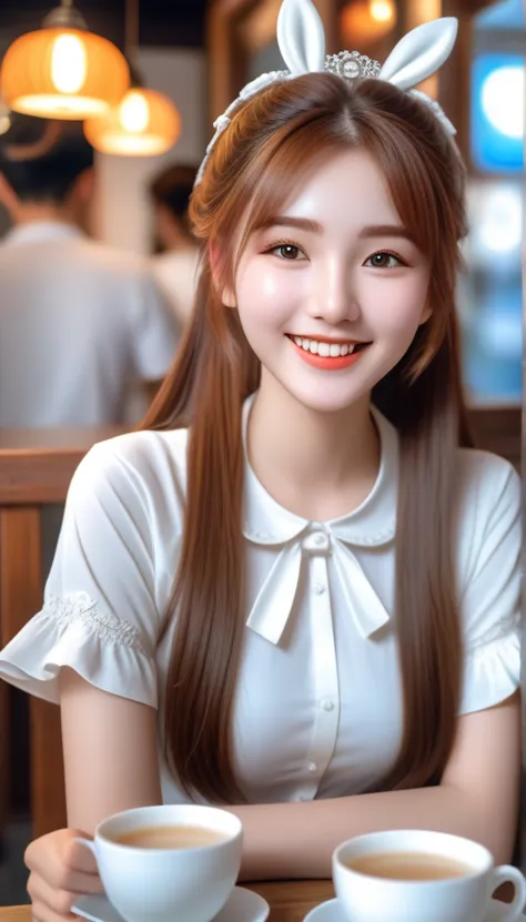 A, like girl cute of a smiling 22-year-old girl sitting inside a milk tea shop the  with a round face and an innocent smile with...