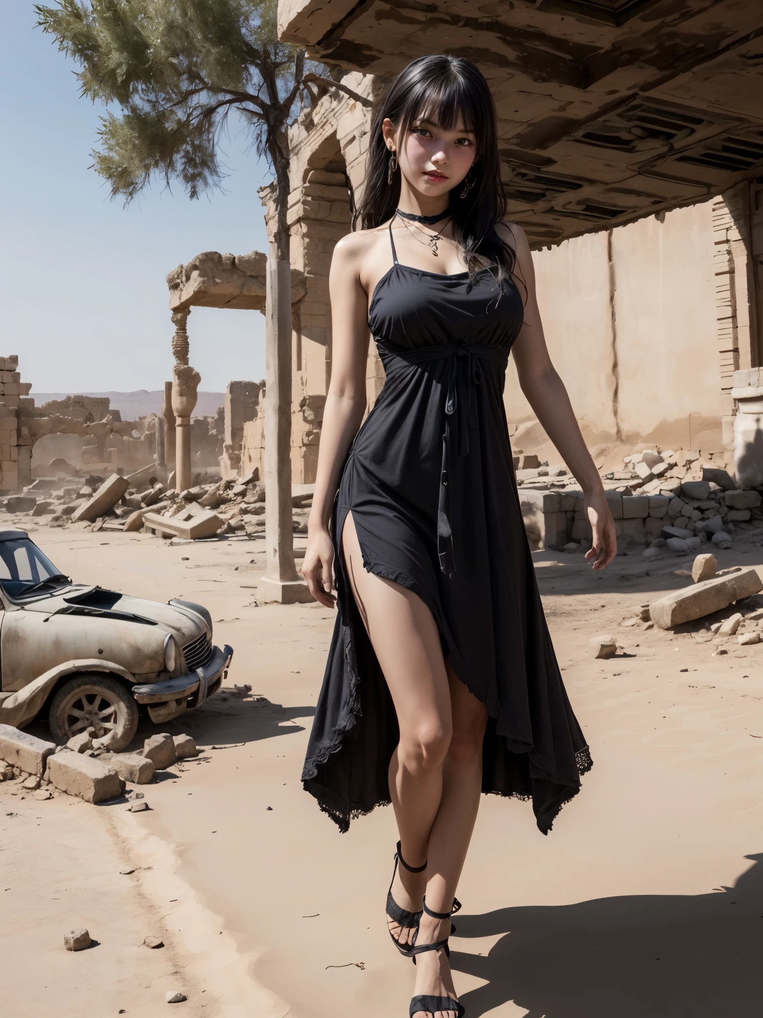 1girl, detailed face, full body, wearing torn-out garb, in ancient ruins, giving the vibe of wise persona, hot weather, sands, hint of desert, dusty atmosphere, black top, let down one side of your bangs, hide one eye, purple pupil, dusty torn black long dress with fur trim, fishnet stocking, purple necklace, high quality, masterpiece, realistic, vivid details, (10yo, cute:1.3), (breasts:1.2), 