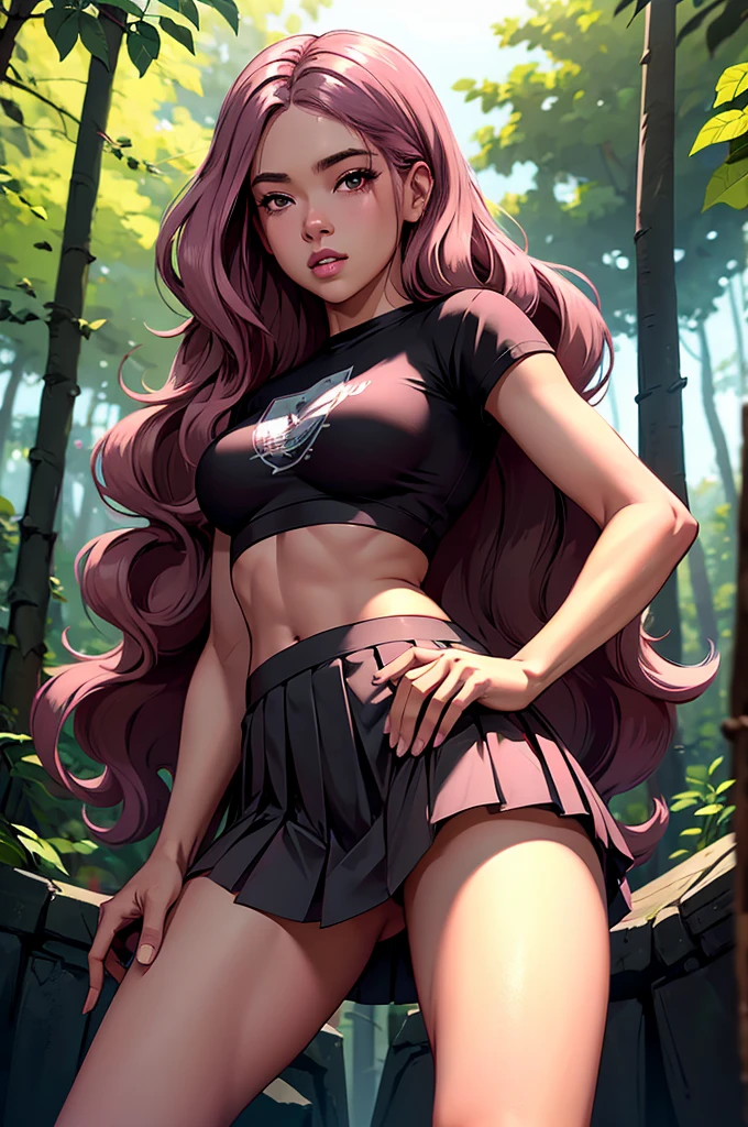 ((Black pink pink)), small white t-shirt, Little blue pleated skirt, we are panties, black high heels, close-up from hips to face, shot from below, very light skin, Very long hair, Wavy hair, Camping, the forest, Photorealistic, indirect lighting, volumetric light, ray tracing, super detailed, Best quality, Very high resolution, HDR, 8K