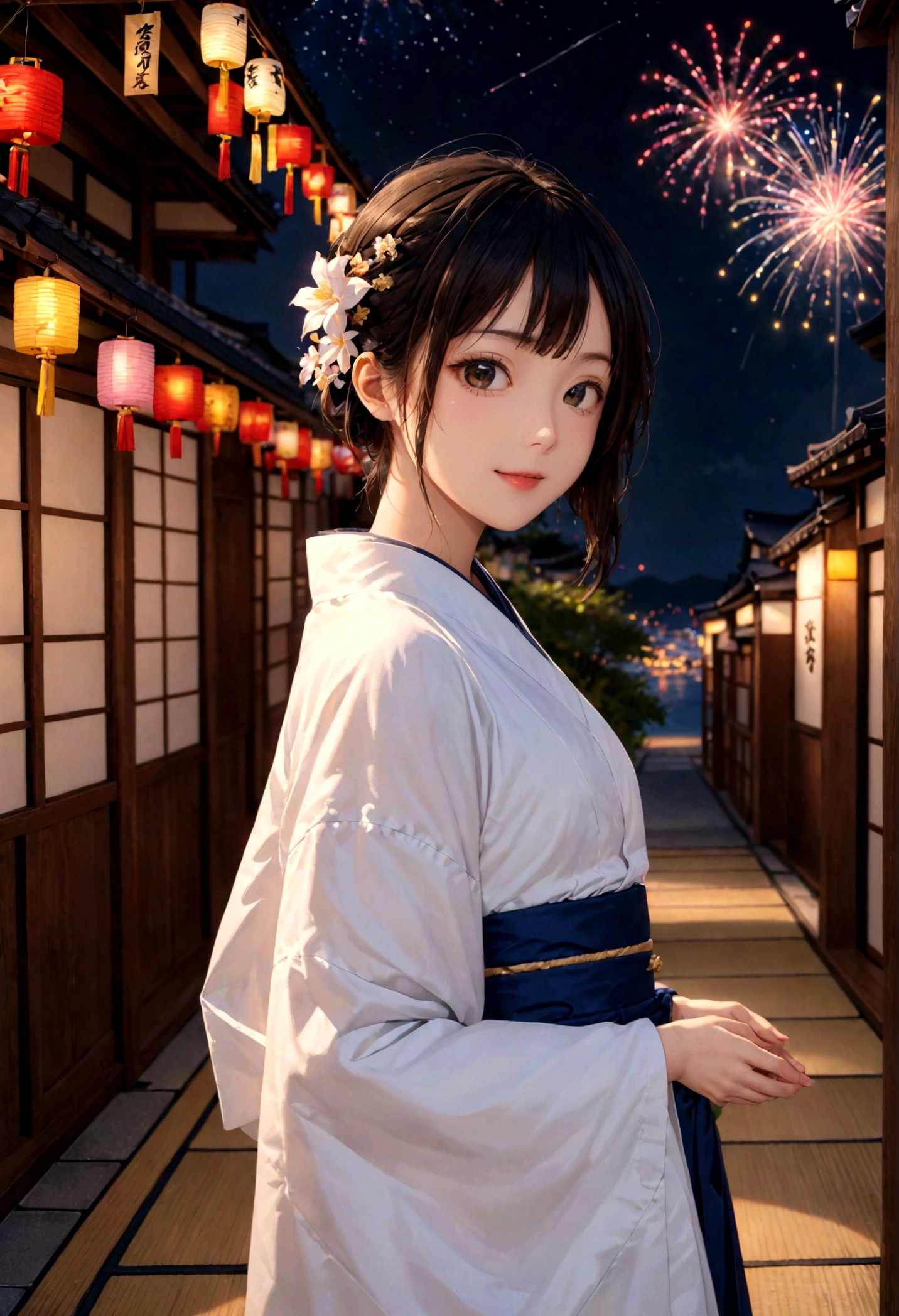 (masterpiece, highest quality:1.1), (8k, RAW Photos, Photorealistic:1.2, f22), (Shiny skin), Detailed skin,Detailed face, Fine grain,smile, Real World, Intricate details, Summer in Japan, One girl, (kimono),(evening), Standing posture,((Full body photo)),Tanabata decoration,Surrounding is night,Fireworks in the distance,Summer festival,