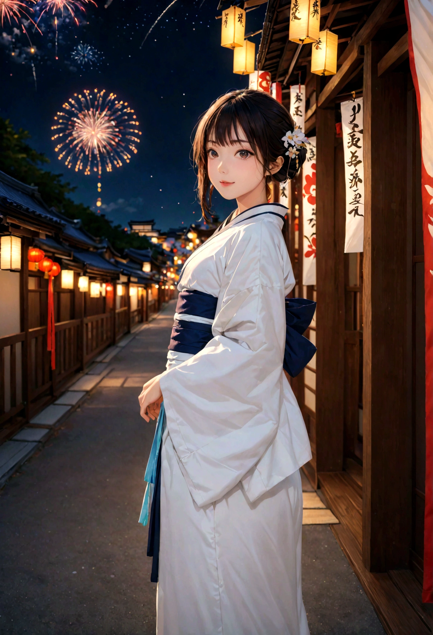 (masterpiece, highest quality:1.1), (8k, RAW Photos, Photorealistic:1.2, f22), (Shiny skin), Detailed skin,Detailed face, Fine grain,smile, Real World, Intricate details, Summer in Japan, One girl, (kimono),(evening), Standing posture,((Full body photo)),Tanabata decoration,Surrounding is night,Fireworks in the distance,Summer festival,