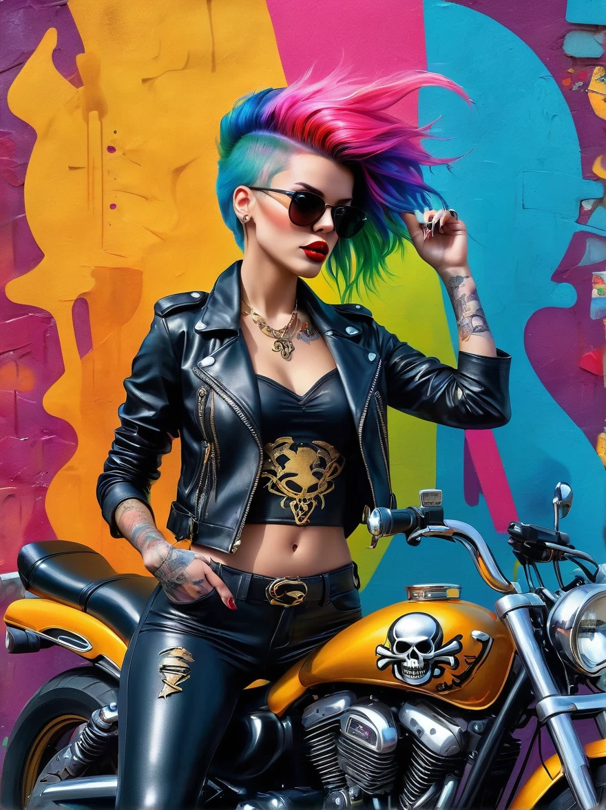 Punk style, Fantasy Gothic, ((The most rebellious bad girl in history)), 1girl, ((solo)), (((Stylish sunglasses))), Pirate hat, Lips in love, Skull Fashion, Neon, Short iridescent hair, Rainbow fabric, Biker Jacket, Bodysuit, Gold pattern, Ancient runes, Metal nails, (Middle finger raised:1.3), Standing in front of a motorcycle skull graffiti art background, Add whimsy to the scene, To enhance the sharpness and modernity of the scene, Sharp lines, Bold brushstroke numbers, Surrealism, Conceptual art, Futurism, UHD, masterpiece, accurate, anatomically correct, textured skin, super detail, high details, award winning, 8k