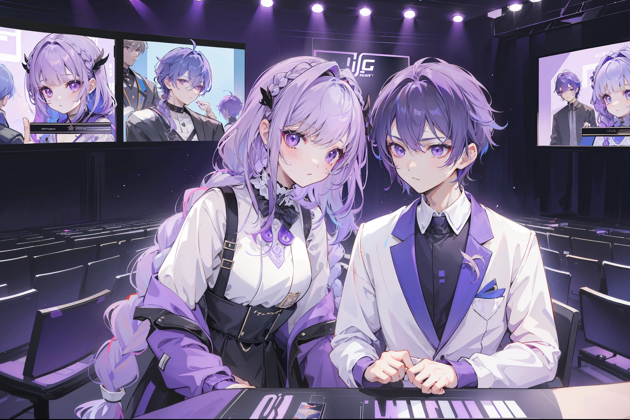 (1 boy, 1 little girl)，couple, yinji, Purple Eyes, purple gradient hair, Braid, Hair accessories, Weaving, twin Weaving, long hair, Cute expression, Handsome, short, (Game hall, E-sports atmosphere, Blue and Green, Esports elements), List of available roles,Men&#39;s Hairstyles, Unique character design,