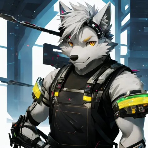 cyber punk perssonage，epcot，Tech style，solo person，White body，White ears，White hair，Overall white，Orange-yellow eyes，Wolf tail，W...