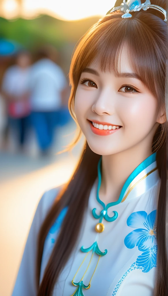 Ah, like the cute girl of the 22-year-old smiling CG cosplay Vietnam Airlines employee with a round face and innocent smile wearing a white Vietnamese ao dai outfit seen on the shirt with outstanding cartoon patterns with long light reddish brown hair Highest quality 3D images HDR 8k resolution uhd aperture sharp to every detail