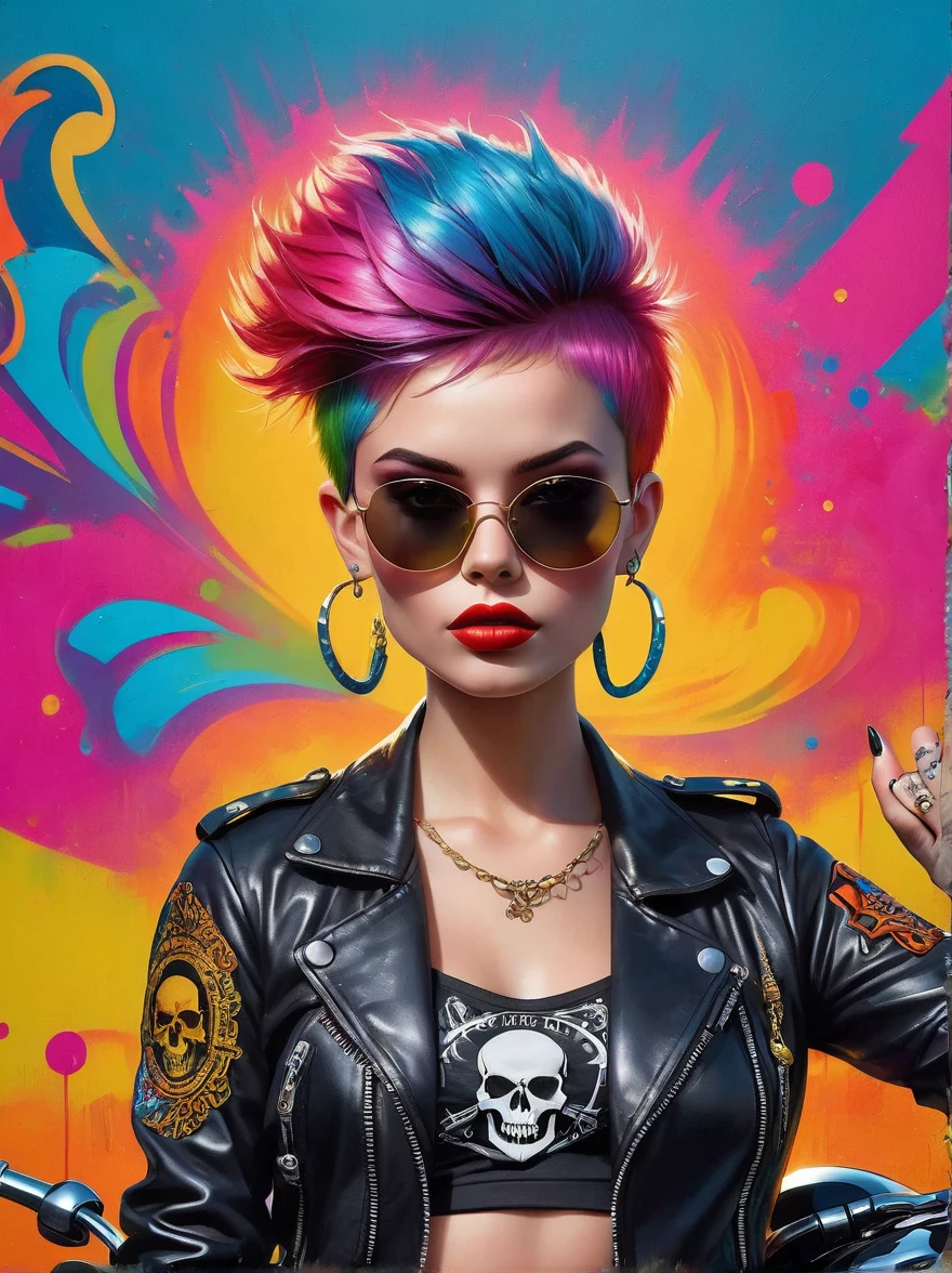 Punk style，Fantasy Gothic，((The most rebellious bad girl in history))，1girl，((solo))，(((Stylish sunglasses)))，Berets，Lips in love，Skull Fashion，Neon，Short iridescent hair，Rainbow fabric，Biker Jacket，Bodysuit，Gold pattern，Ancient runeetal nailiddle finger raised:1.3)，Standing in front of a motorcycle skull graffiti art background，Add whimsy to the scene，To enhance the sharpness and modernity of the scene，Sharp lines，Bold brushstroke numbers, , UHD, masterpiece, accurate, anatomically correct, textured skin, super detail, high details, award winning, 8k