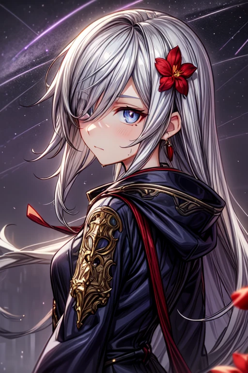 1 Girl,One,1 Girl,One,((beautiful detailed eyes)), (detailed light),Depth of field,(White hair),silver eyes,hair over one eye,(Red flower ), hair flower,long hair,black raincoat,Wet,emotionless,looking back,night,shooting star,rain,fog,Red flowers falling,sketch,Upper body,intense shadows, anime