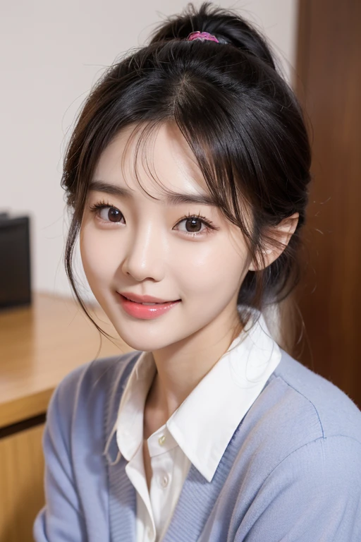 realism, Beautiful young Korean woman, Young Asian Woman, Young and adorable Korean face, Lee Ji-eun, South Korean actress, smile　Dark　office