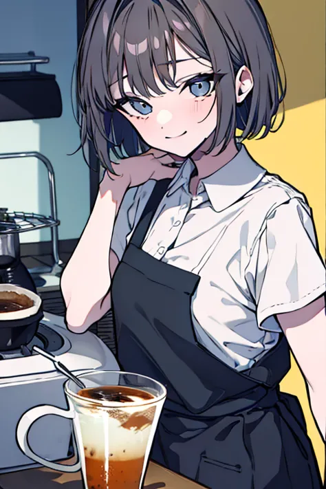 short hair,dark grey hair,barista,brewing coffee,mode,cool beauty,a slight smile on the lips,a small mole under the left lip