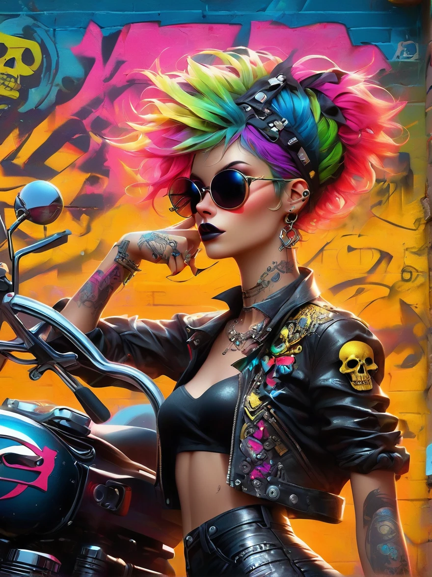 Punk style, Fantasy Gothic, ((The most rebellious bad girl in history)), 1girl, ((solo)), (((Stylish sunglasses))), Pirate hat, Lips in love, Skull Fashion, Neon, Short iridescent hair, Rainbow fabric, Biker Jacket, Bodysuit, Gold pattern, Ancient runes, Metal nails, (Middle finger raised:1.3), Standing in front of a motorcycle skull graffiti art background, Add whimsy to the scene, To enhance the sharpness and modernity of the scene, Sharp lines, Bold brushstroke numbers, Surrealism, Conceptual art, Futurism, UHD, masterpiece, accurate, anatomically correct, textured skin, super detail, high details, award winning, 8k