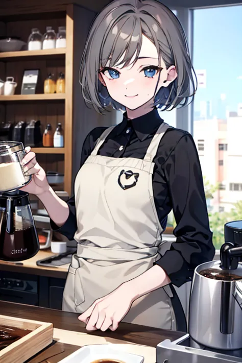 short hair,Dark grey hair,Barista,Brewing coffee,mode,Cool Beauty,A slight smile on the lips,A small mole under the left lip