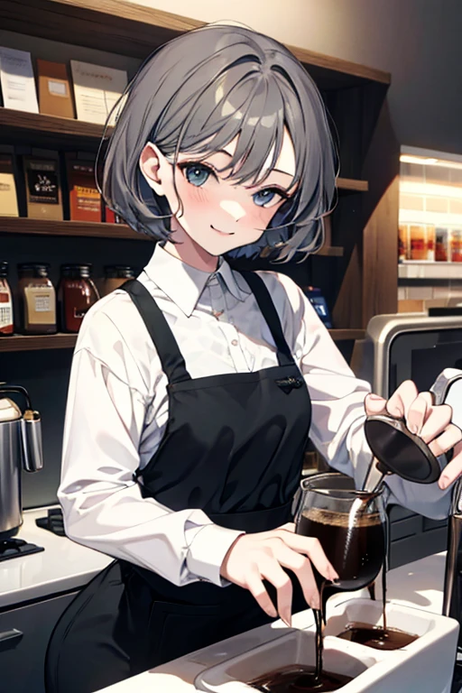 short hair,Dark grey hair,Barista,Brewing coffee,Mode,Cool Beauty,A slight smile on the lips,A small mole under the left lip