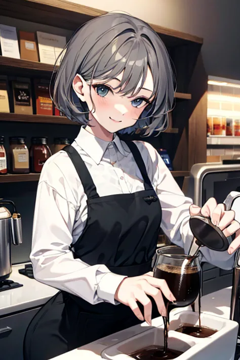 short hair,dark grey hair,barista,brewing coffee,mode,cool beauty,a slight smile on the lips,a small mole under the left lip