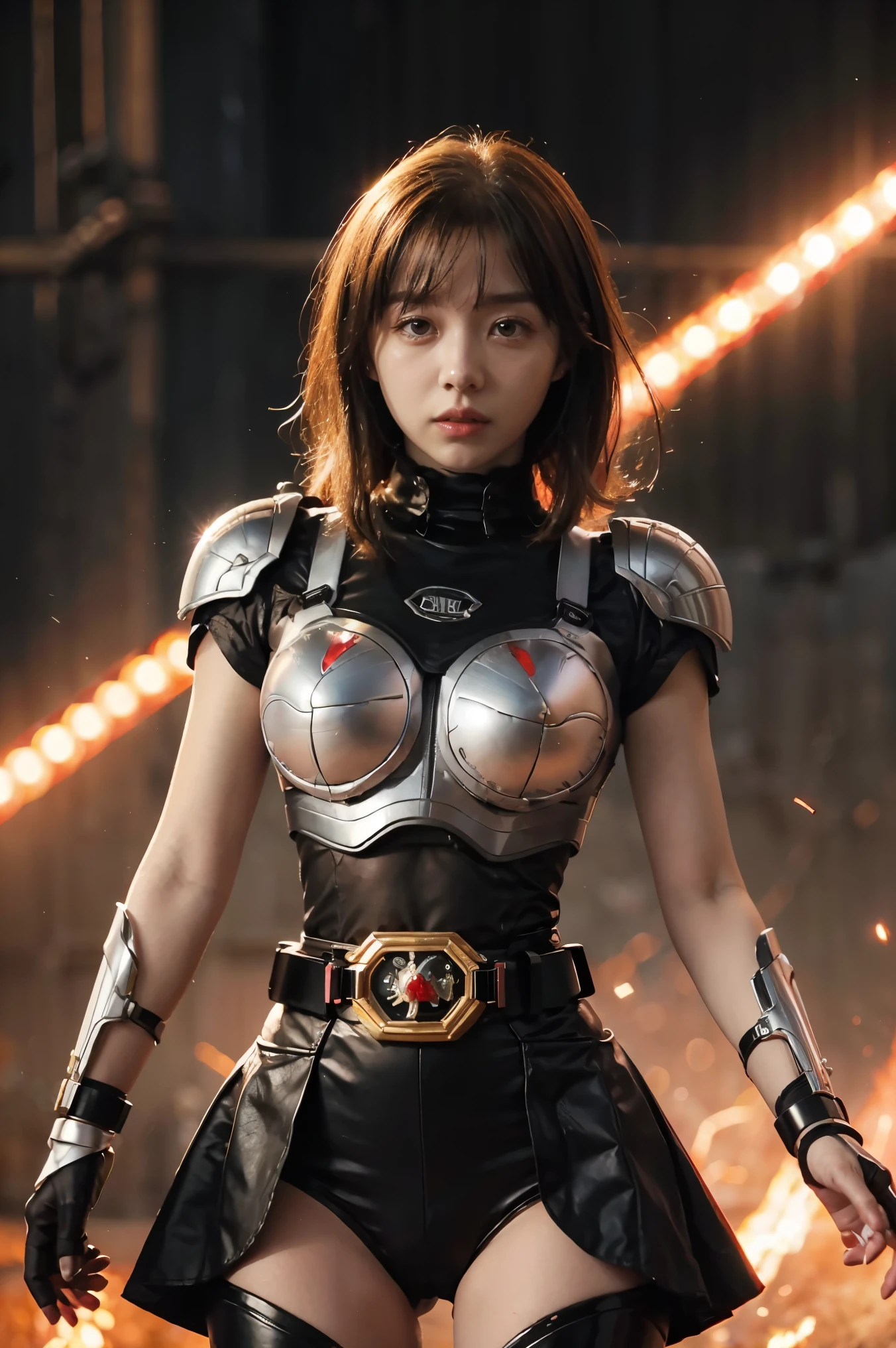 1人の女の子, 一人で, 8K， 上，ヘンテールリアリズム、フロント照明，仮面ライダースカーレット_太陽。メタリックボディ，真紅は銀色の輝きで輝いていました、変形したベルトを着用してください、義にかなった心で燃える, 彼女は悪の手下たちに従う々敗北。戦闘は激化した、最後の敵が出現。必殺技(クリムゾンクラッシュ)、闇を照らす仮面ライダー。