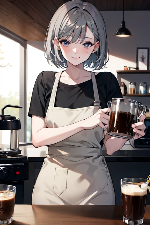 short hair,Dark grey hair,Barista,Brewing coffee,Mode,Cool Beauty,A slight smile on the lips,A small mole under the left lip,adult