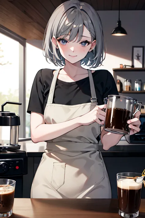 short hair,dark grey hair,barista,brewing coffee,mode,cool beauty,a slight smile on the lips,a small mole under the left lip,adu...